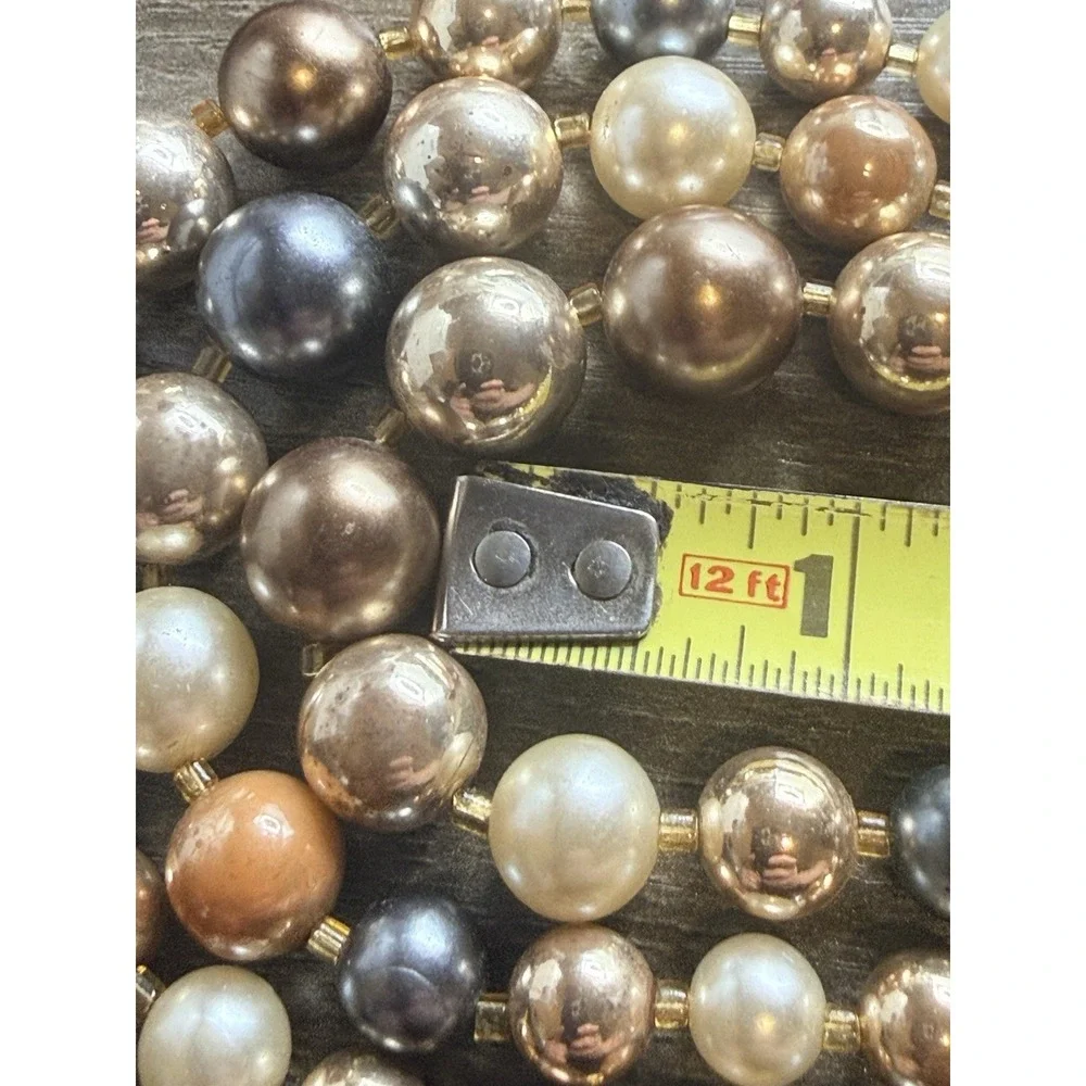 Vintage Faux Pearl Necklace Triple Strand Gold Tone Blue Cream Orange 14-15.5
